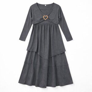 Grey midi dress tiered hem gathered bodice hear women's L lagenlook weekend boho